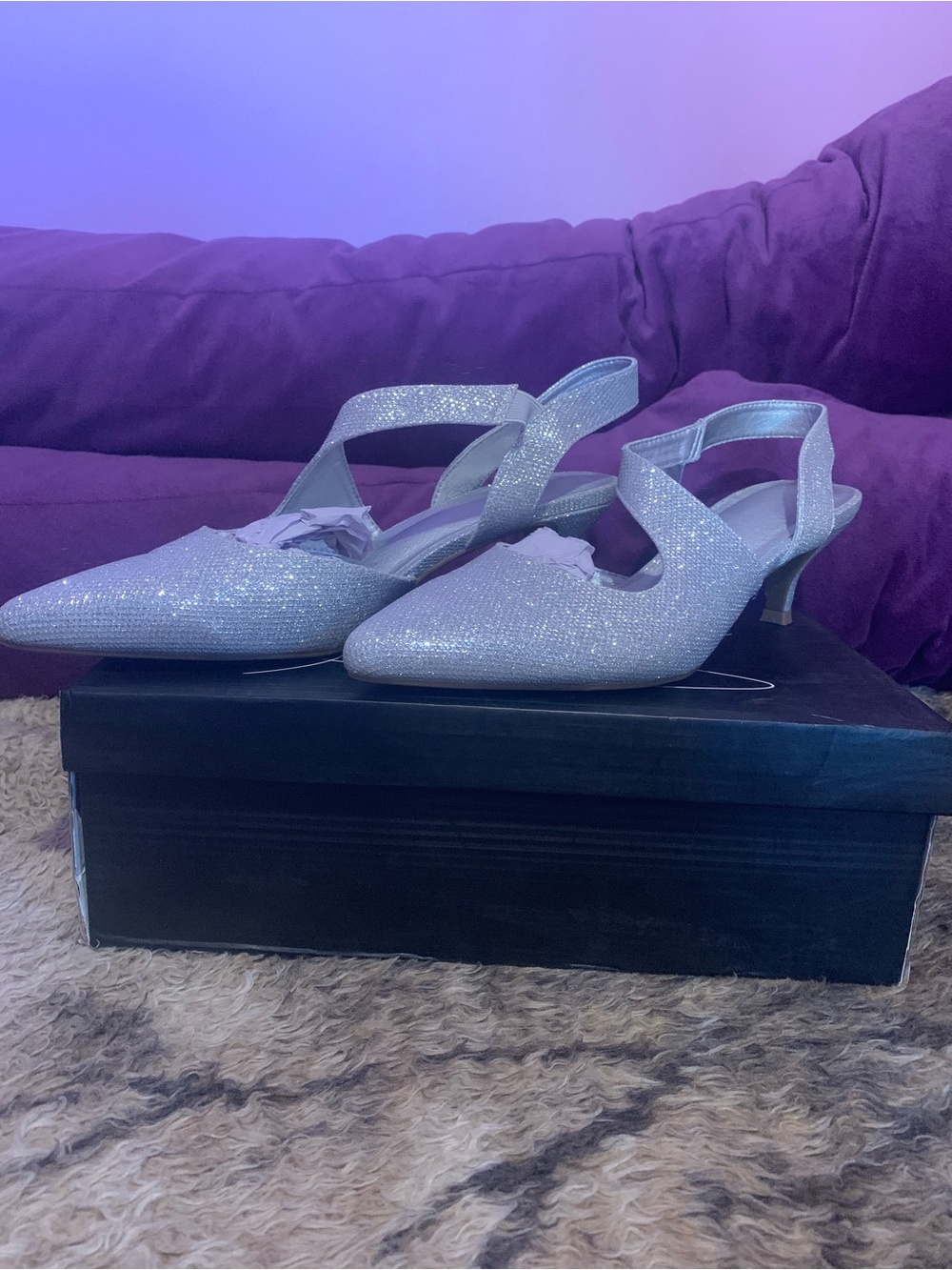 Women’s Mysoft Glitter Silver Asymmetrical Slingback with 2 inch Kitten Heels